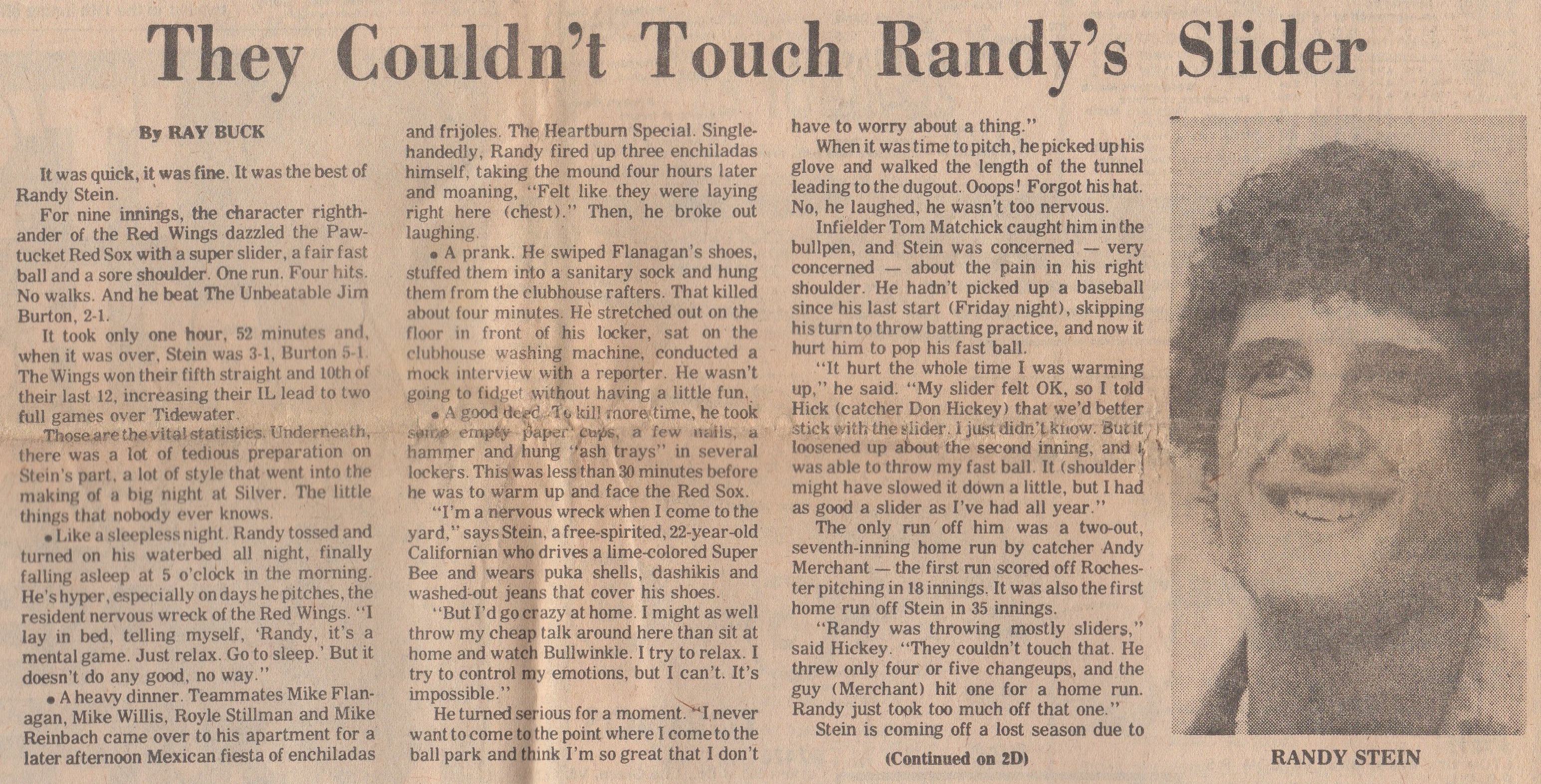 Newspaper clipping by Ray Buck with the headline They Couldn’t Touch Randy’s Slider, alongside a portrait of Randy